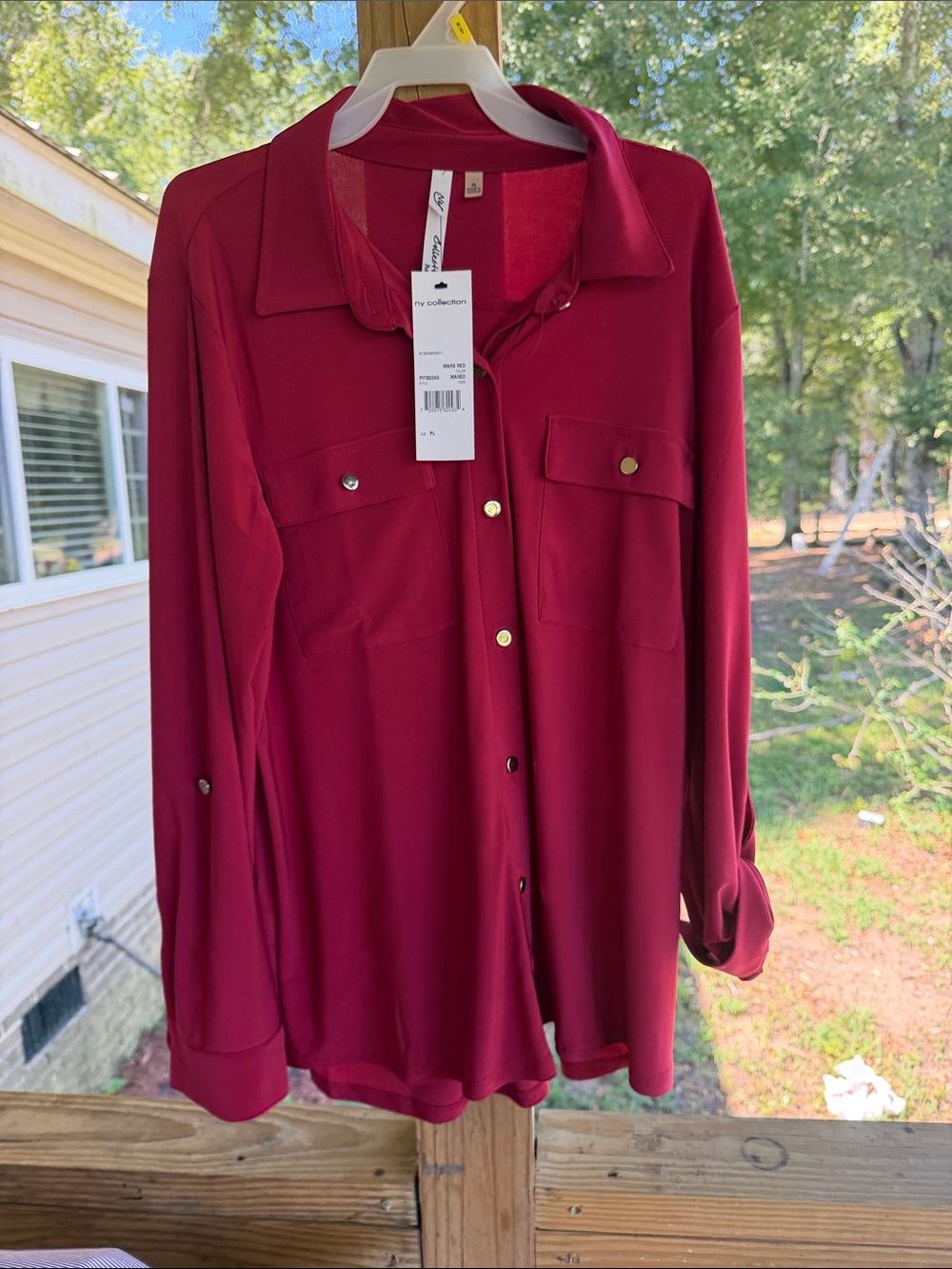 NY Collection Women's Wine Red Button-Front Utility Blouse